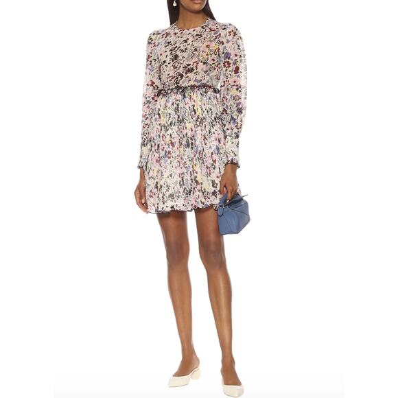 Ganni  Pleated Georgette Mini Dress In Ivory, floral - Picture 1 of 7
